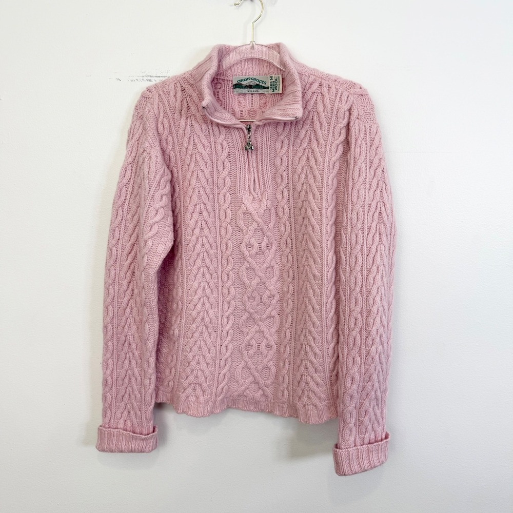 Aran Crafts Ireland Pink Merino Wool Cable Knit Quarter Zip Sweater M